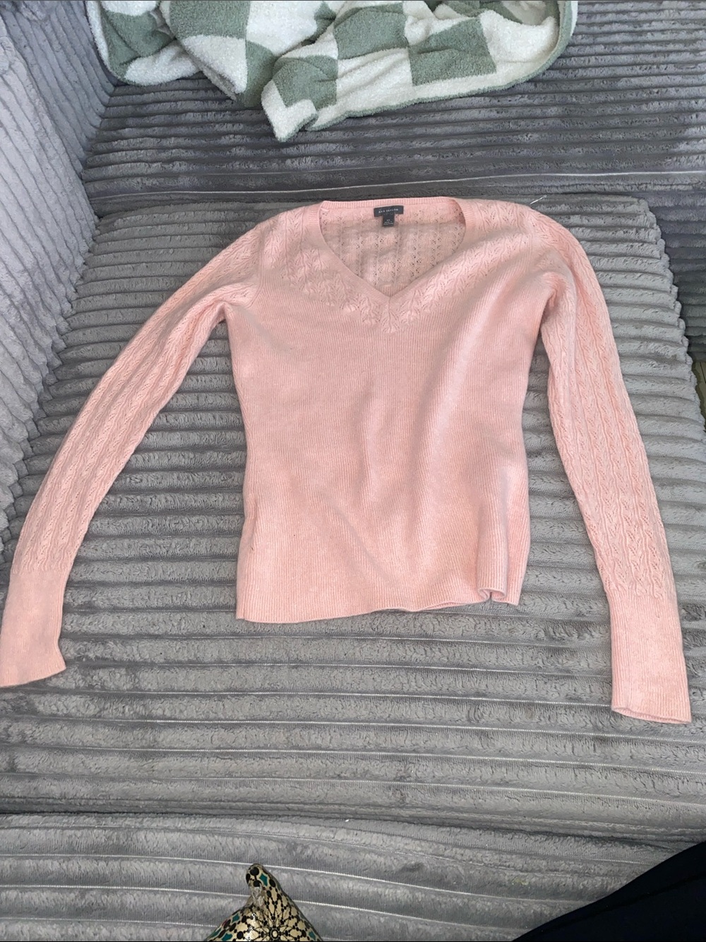 Ann Taylor Factory Light Pink V-Neck Cable Sleeve Sweater